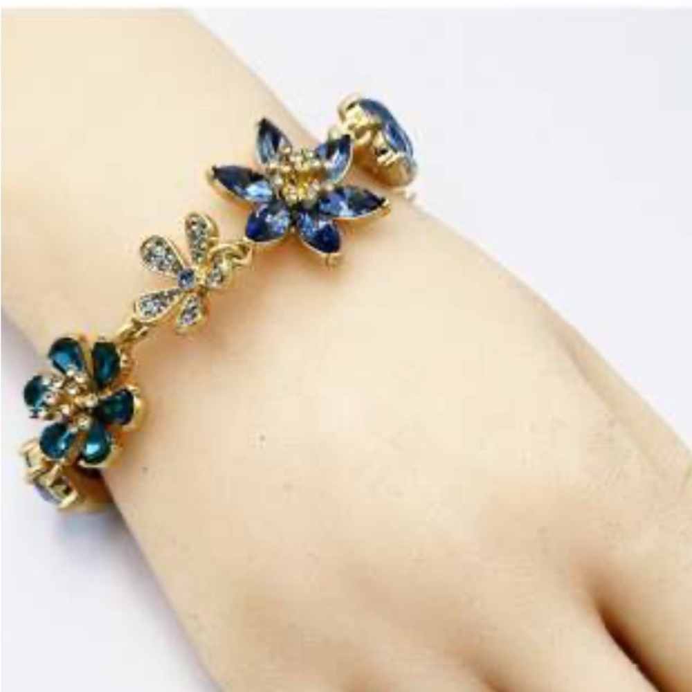 Oscar de la Renta Gold Bracelet with Blue and Teal Crystal Flowers - Picture 8 of 9